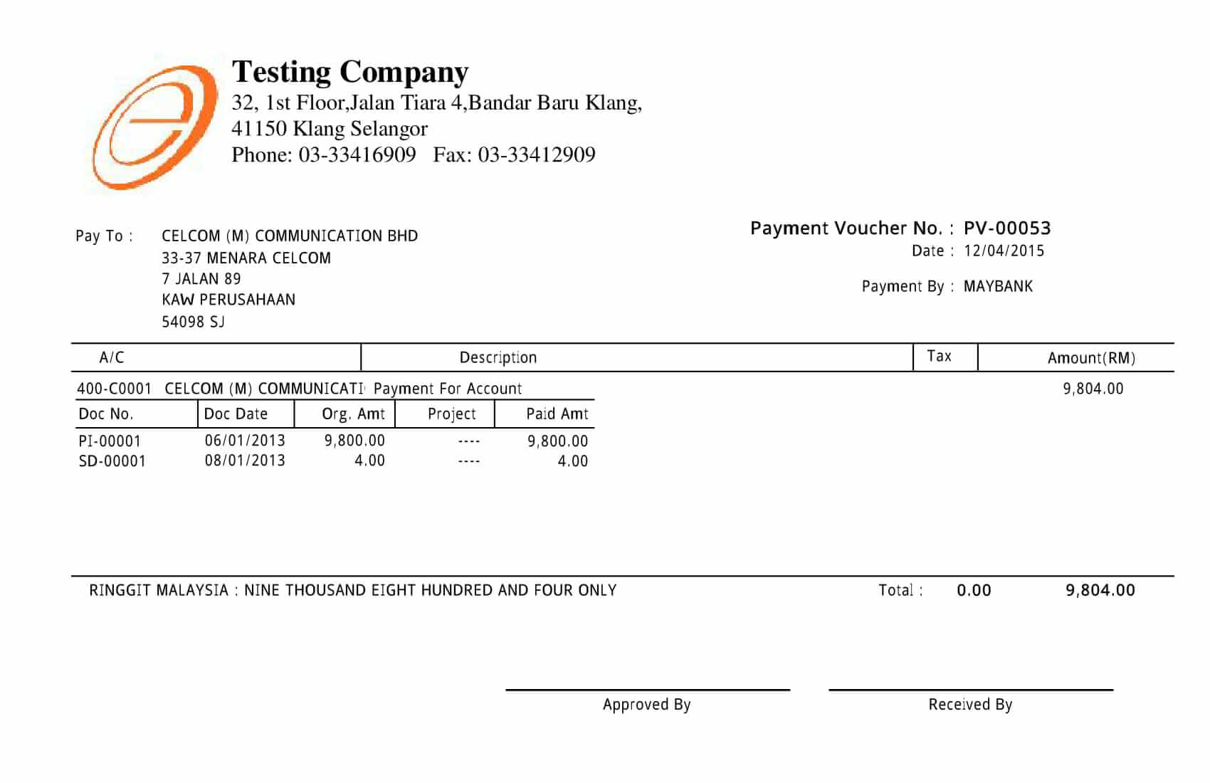 04 Payment Voucher Half Page (Project Code) | E Stream MSC